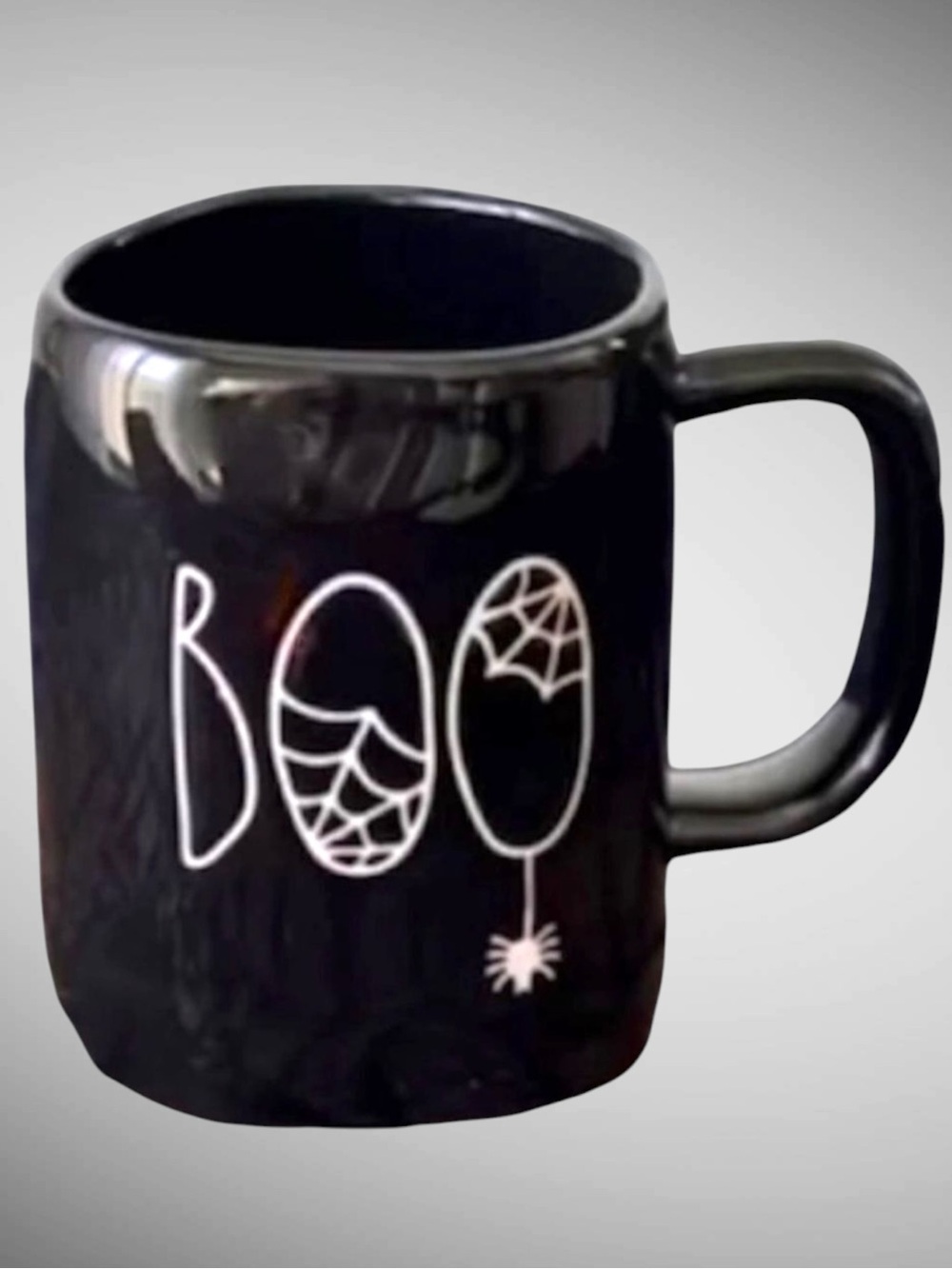Rae Dunn BOO Black Halloween Coffee Mug Spider Web Ceramic NWT